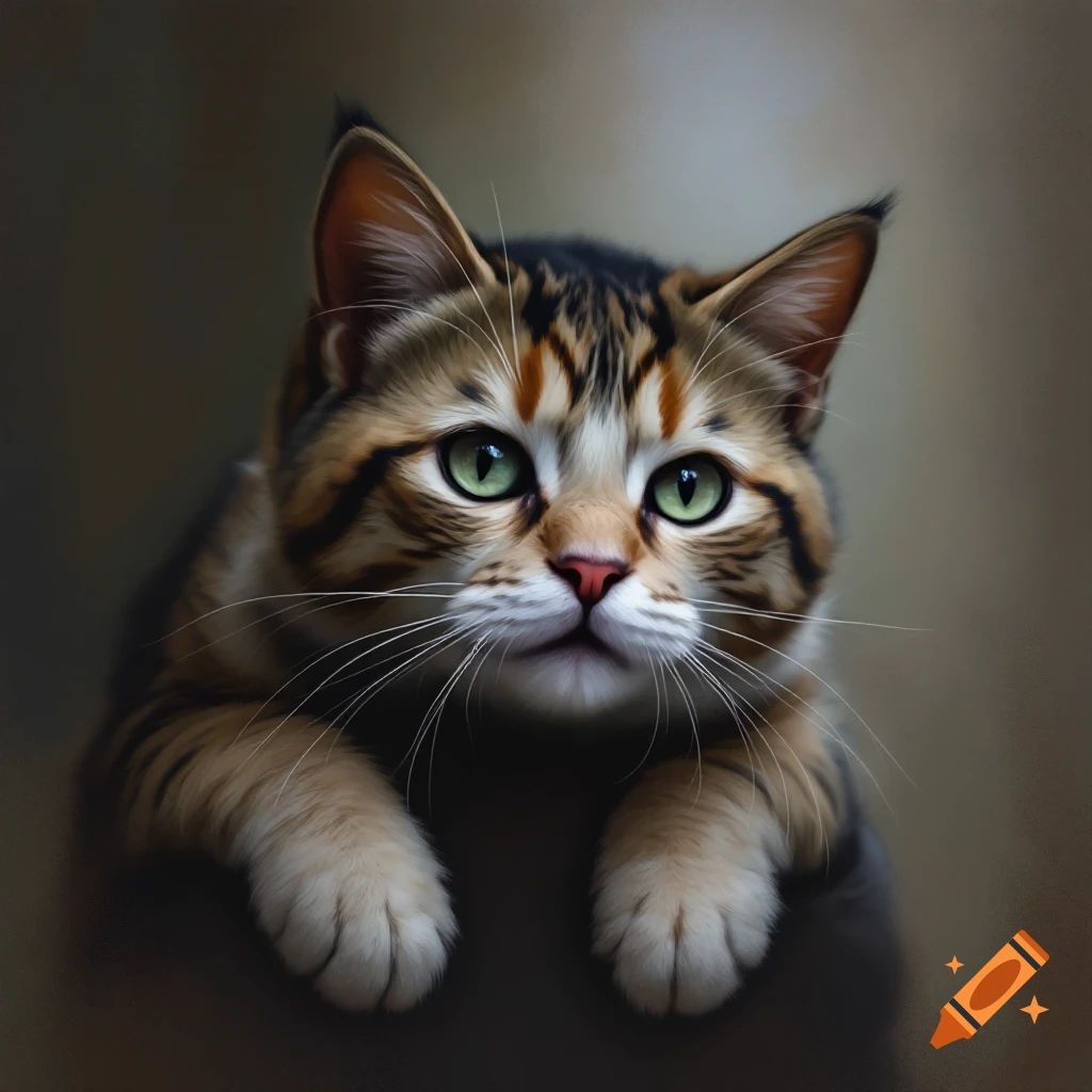 Close-up of a brown tabby cat with green eyes looking forward.