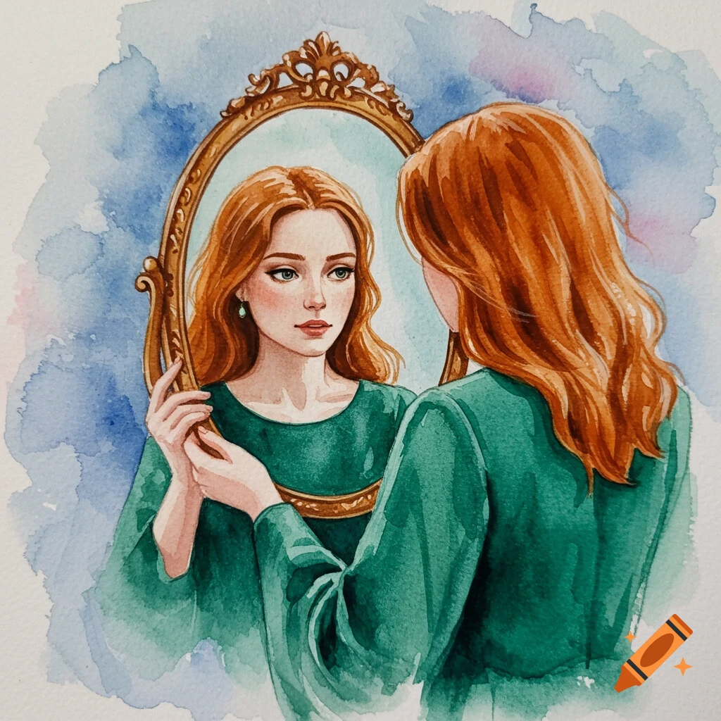 A watercolor painting of a woman with red hair looking at herself in an ornate mirror.