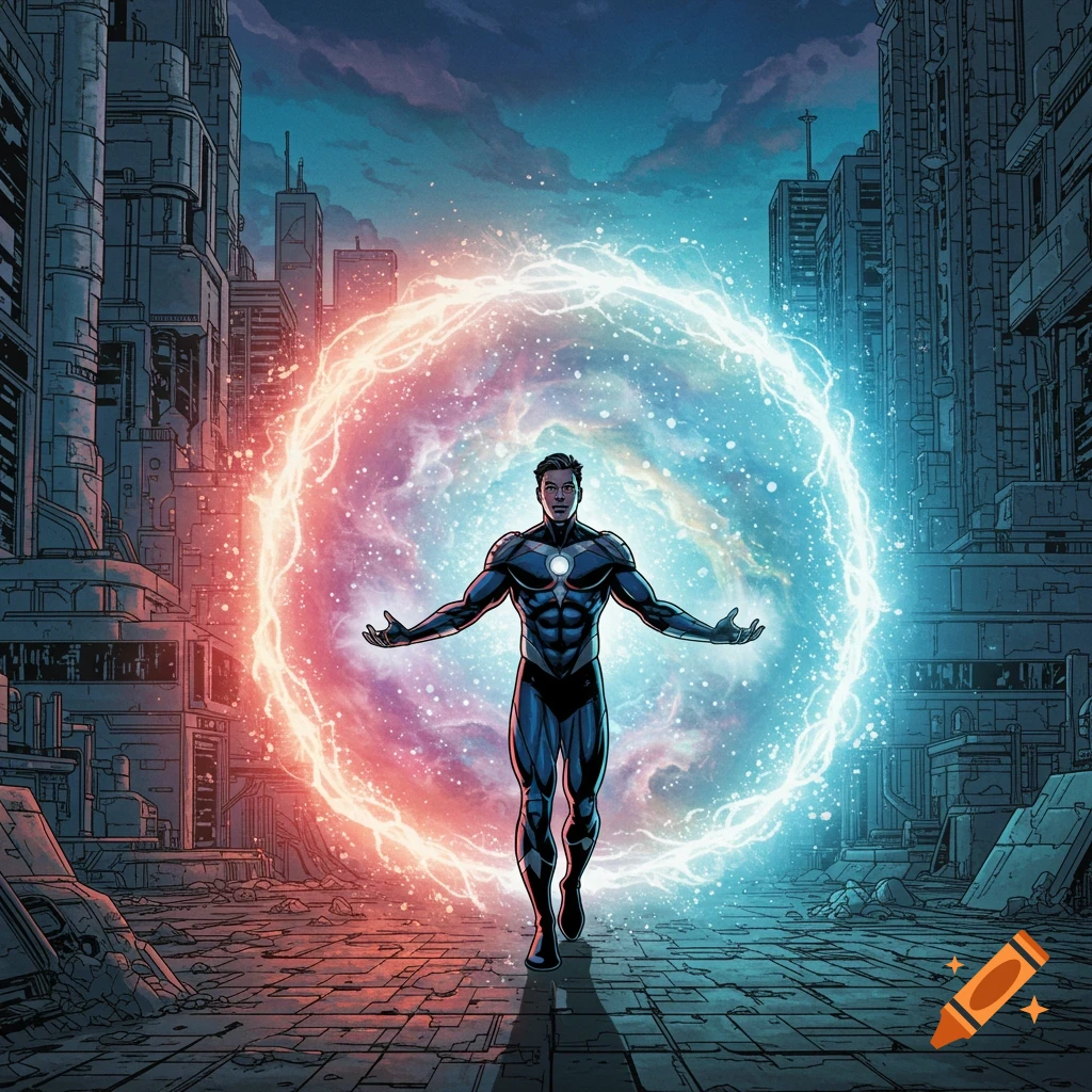 Superhero stands in ruined city, creating glowing red and blue portal behind him, comic art style.