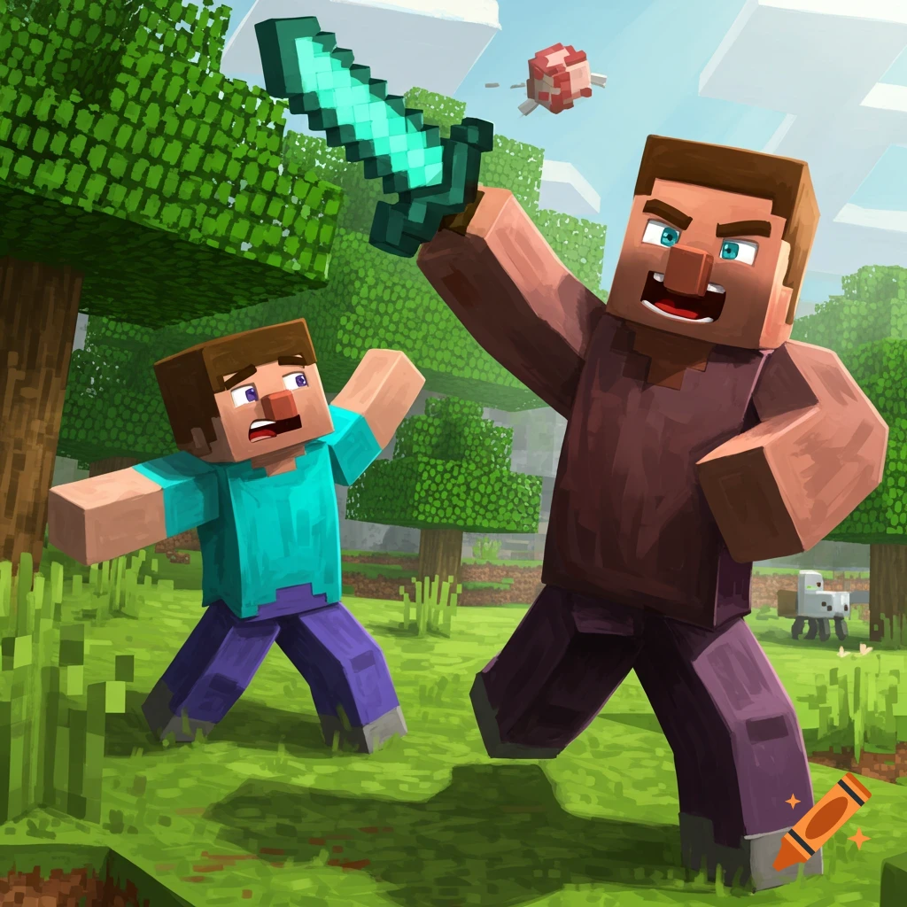 Two Minecraft players, one with a diamond sword, in a forest.