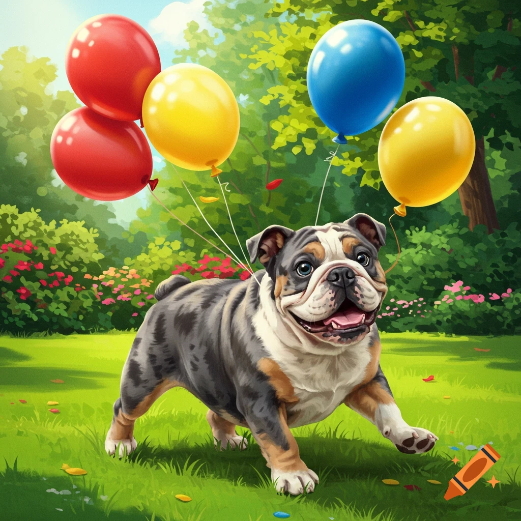 Blue merle bulldog running in a park with colorful balloons