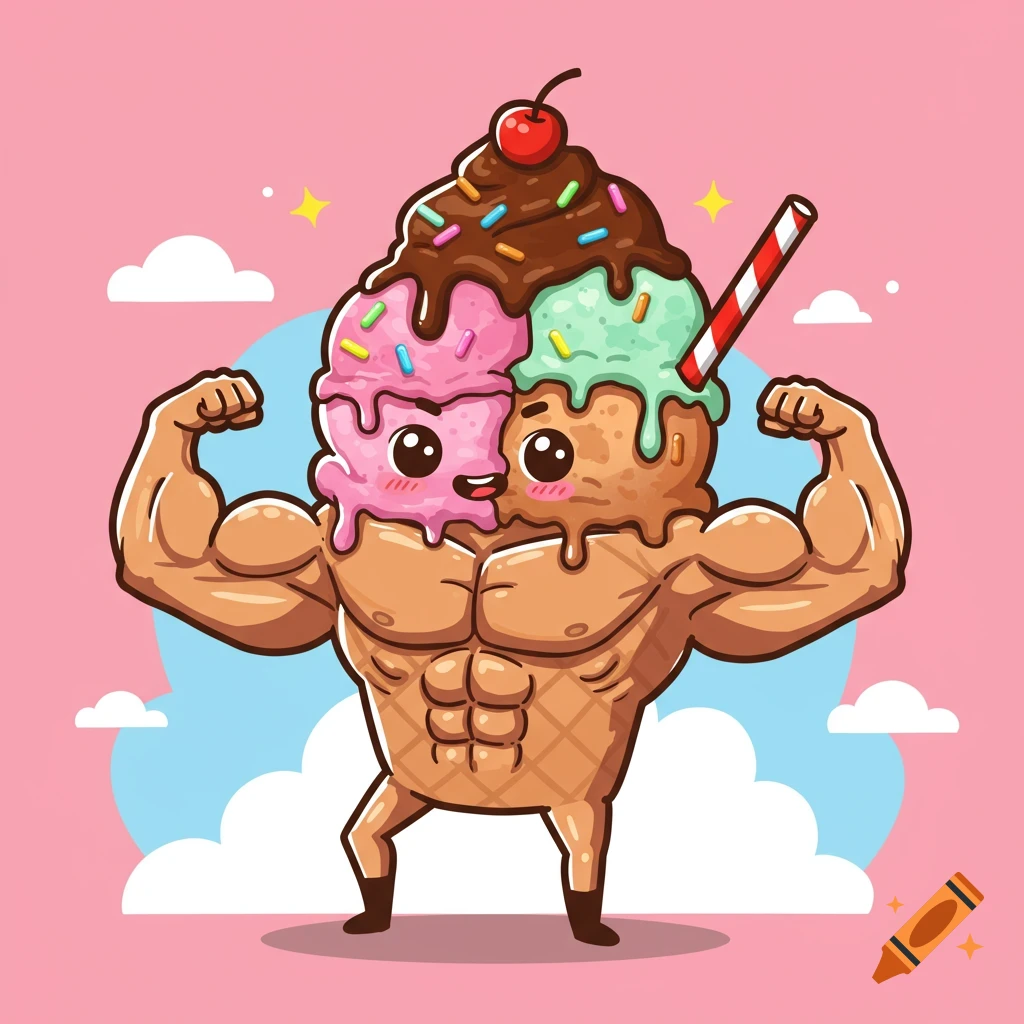 Cute cartoon ice cream cone character with muscles flexing