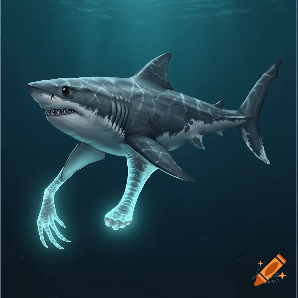 A great white shark swimming underwater, depicted with two glowing blue human-like arms in the front and a glowing blue human-like foot trailing.