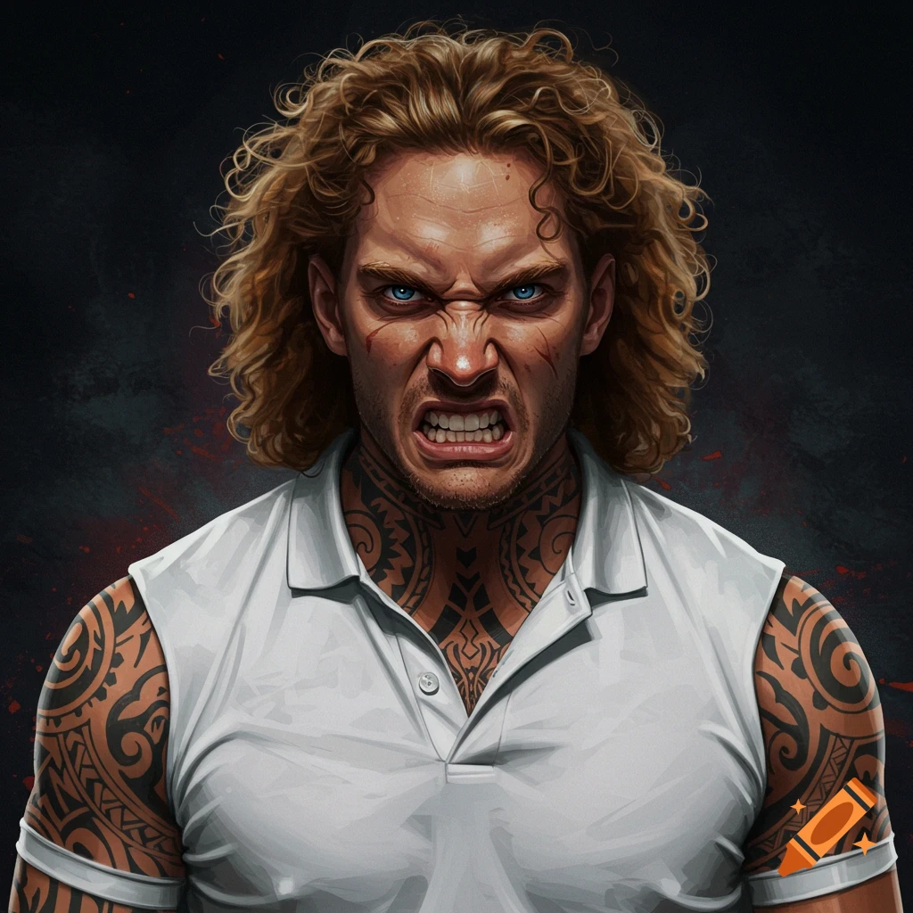 A man with curly hair, blue eyes, and tribal tattoos, wearing a white polo shirt, looking angry.