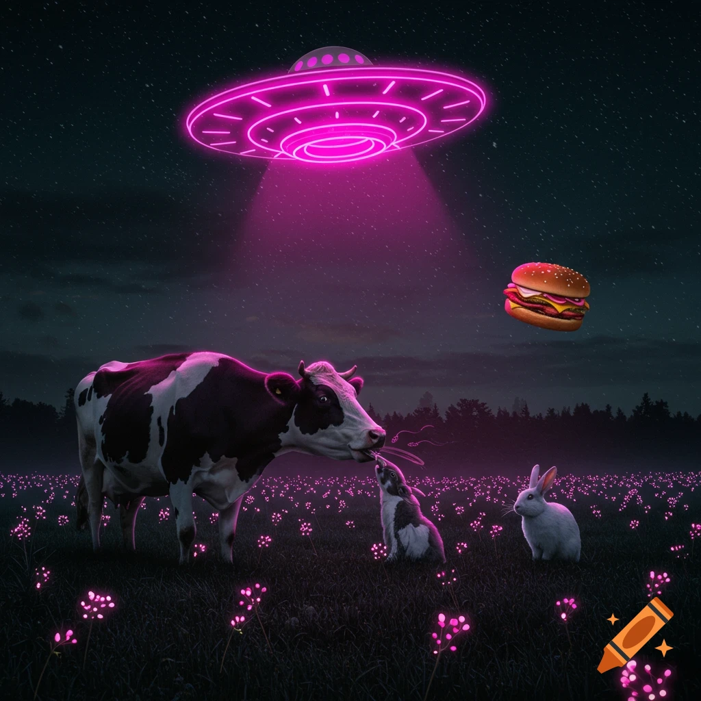 A pink neon UFO hovers over a field with a cow, rabbits, glowing plants, and a floating burger under a starry night sky.