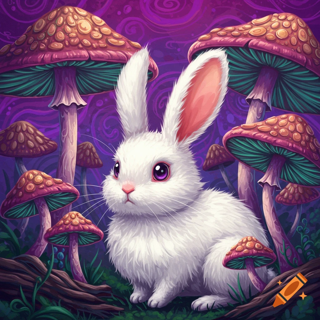 A white bunny is surrounded by colorful psychedelic mushrooms in a forest.
