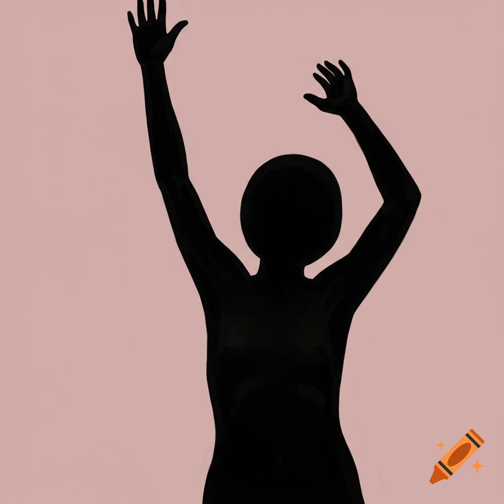 Black silhouette of a person with one arm raised against a pink background.