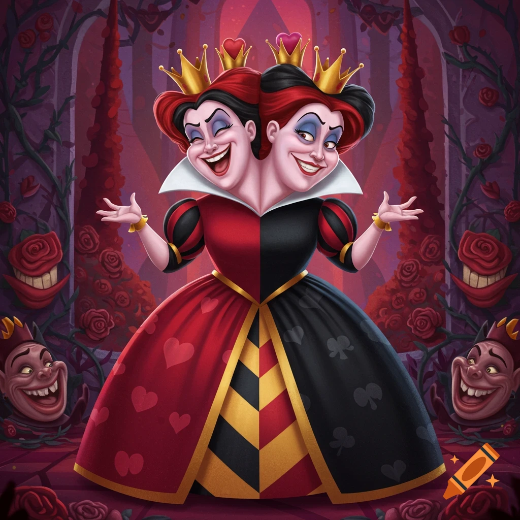 A two-headed Queen of Hearts in a castle hall with grinning roses.