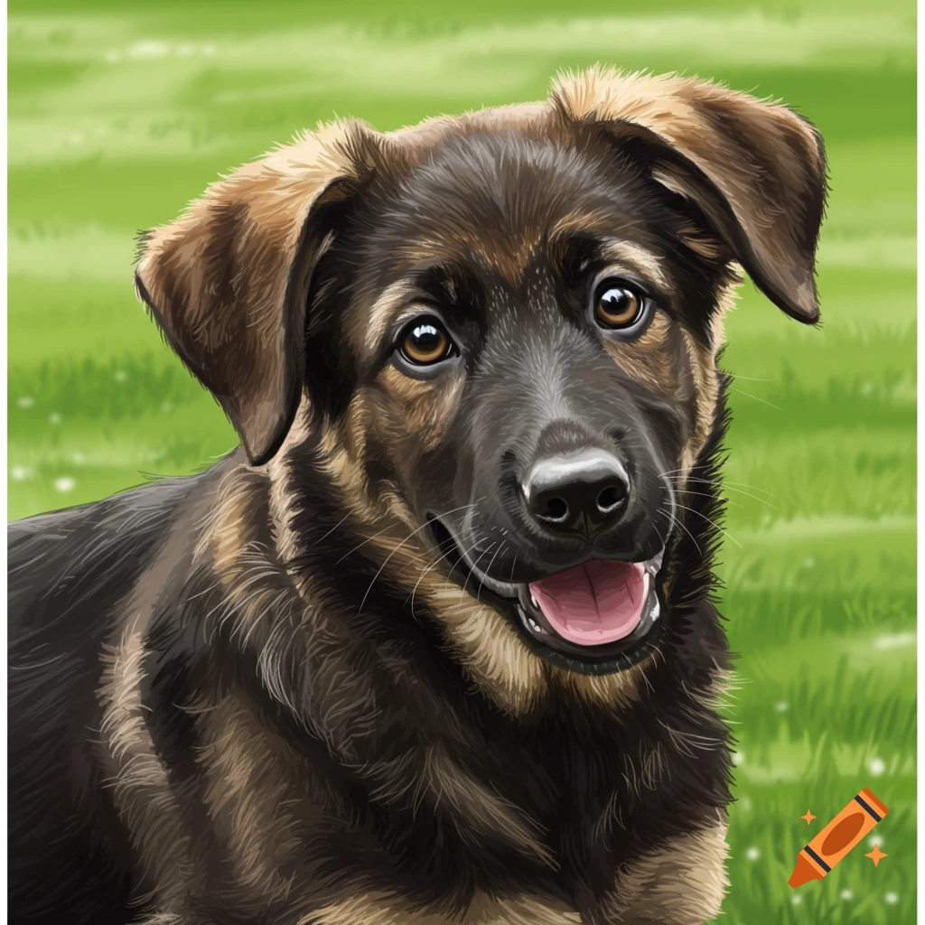 Smiling German Shepherd Labrador mix puppy in grass