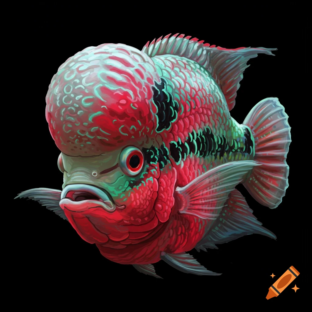 An angry Flowerhorn fish with red and green scales on a black background.