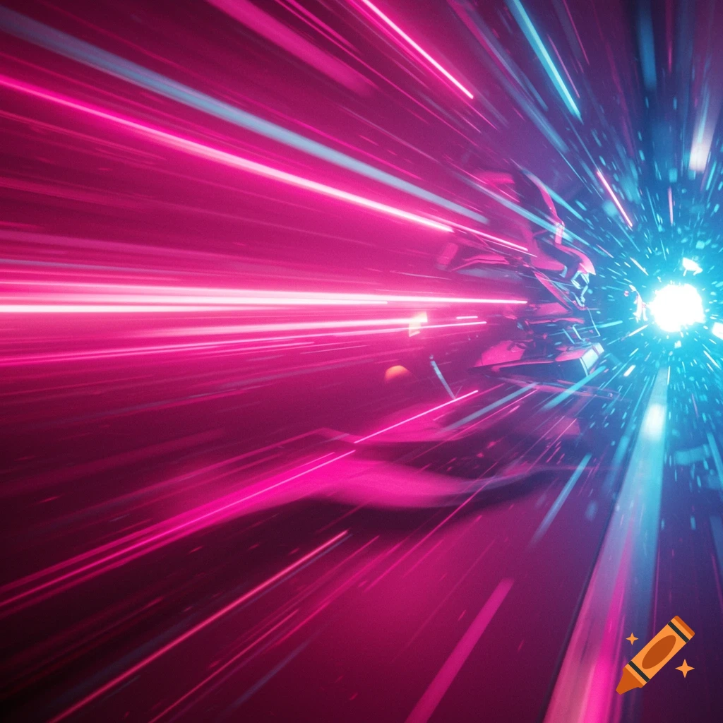 Abstract zoom effect through glowing pink and blue light streaks