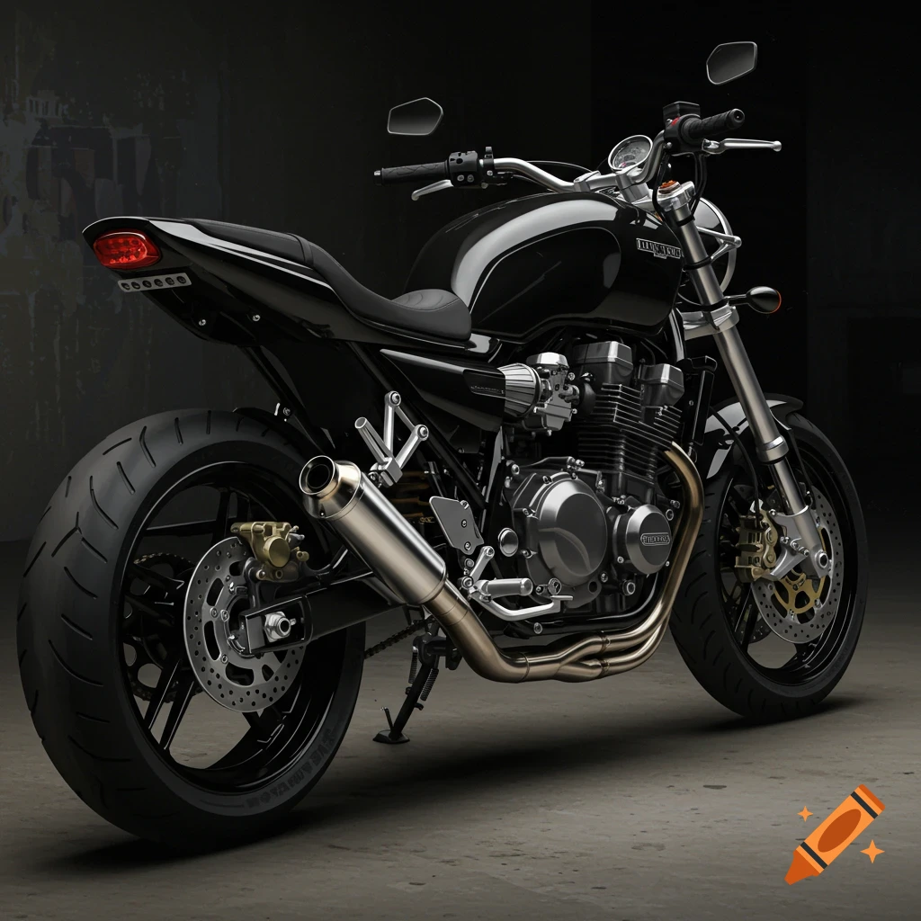 A black motorcycle viewed from the rear quarter.