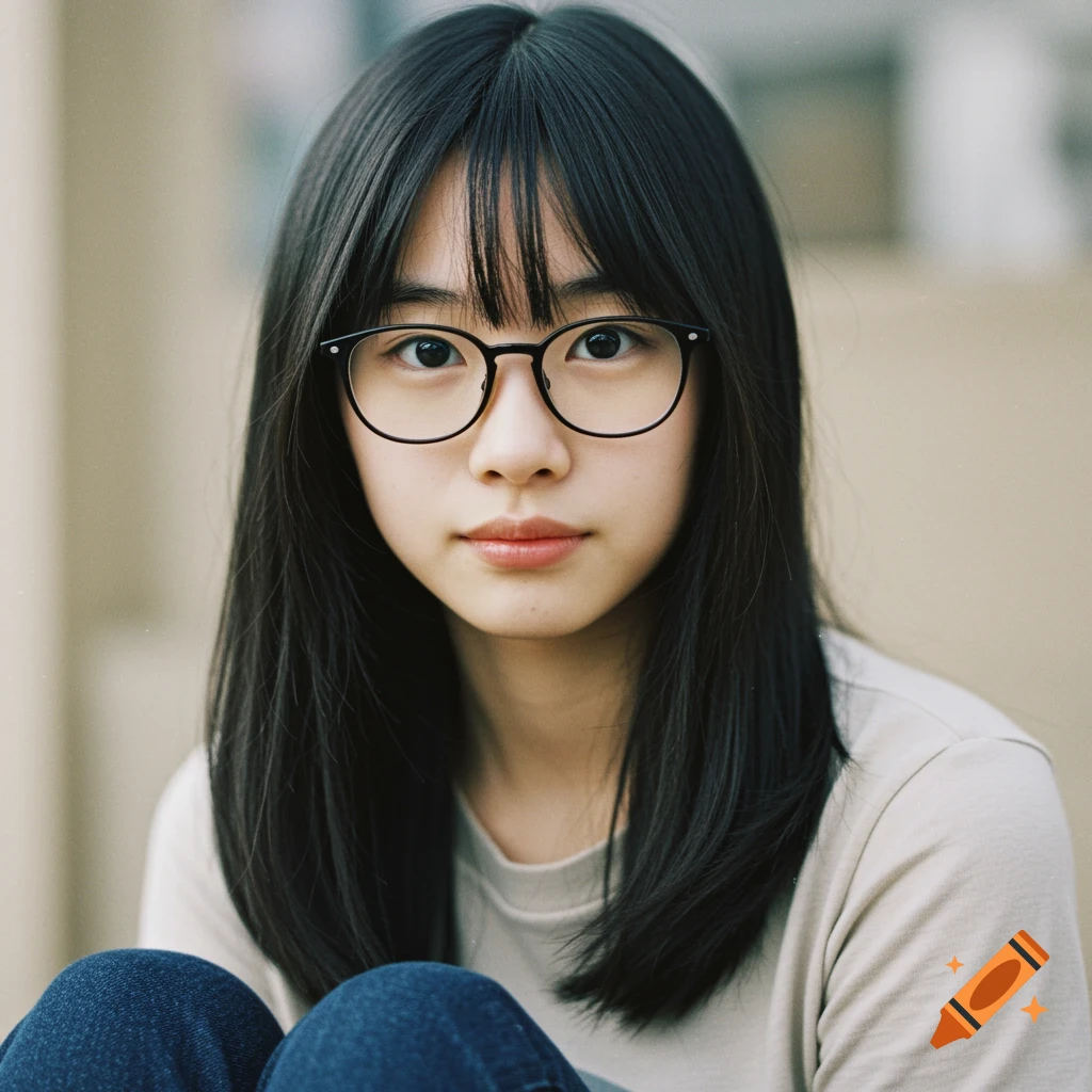 Close-up portrait of a young Asian girl with glasses and black hair.