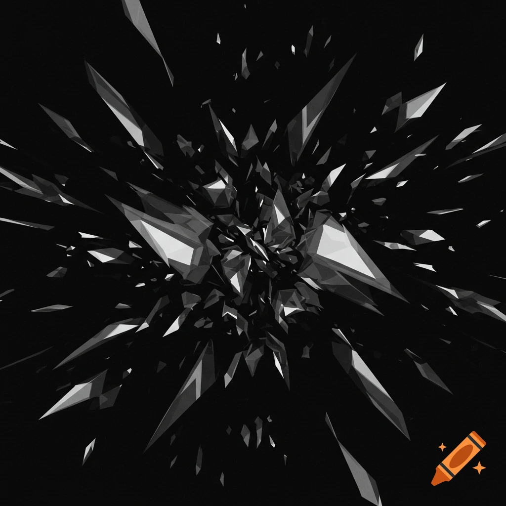 An abstract black and white explosion of geometric shards.