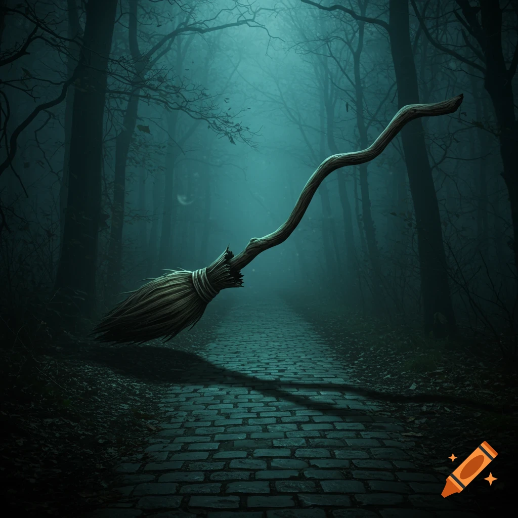 A broom floats down a cobblestone path in a dark, foggy forest.