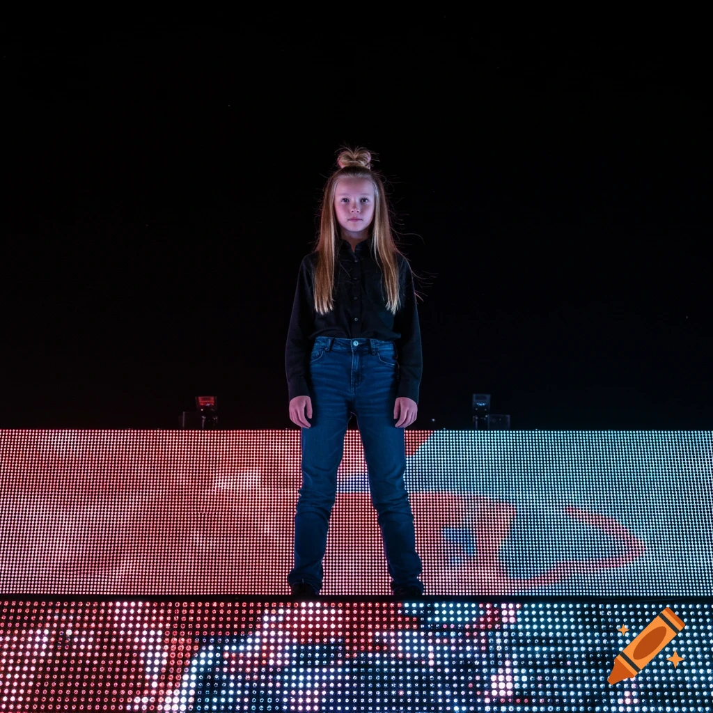 A girl stands on a large LED screen displaying colorful lights in the dark.