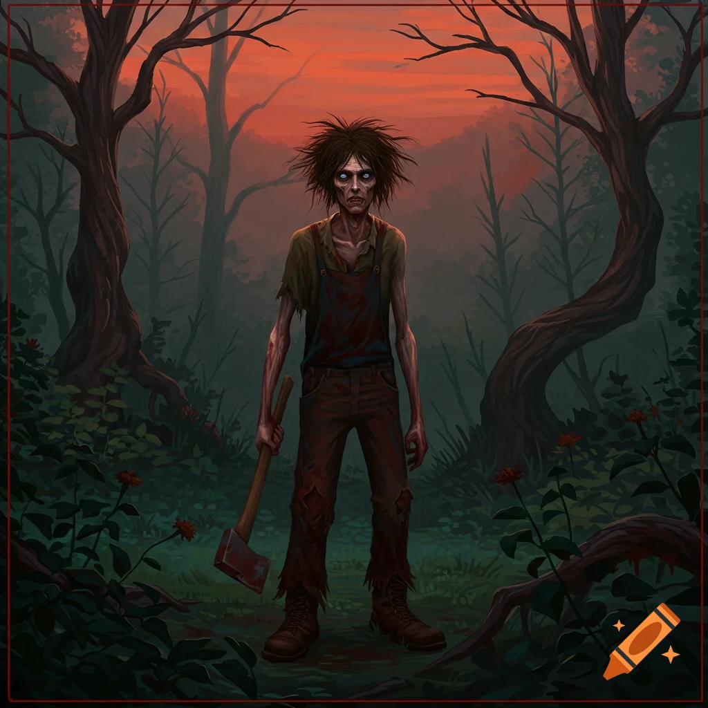 A scary, gaunt person with an axe stands in a dark forest at dusk.