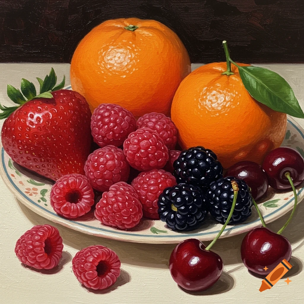 A painterly still life of strawberries, raspberries, blackberries, oranges, and cherries on a plate.