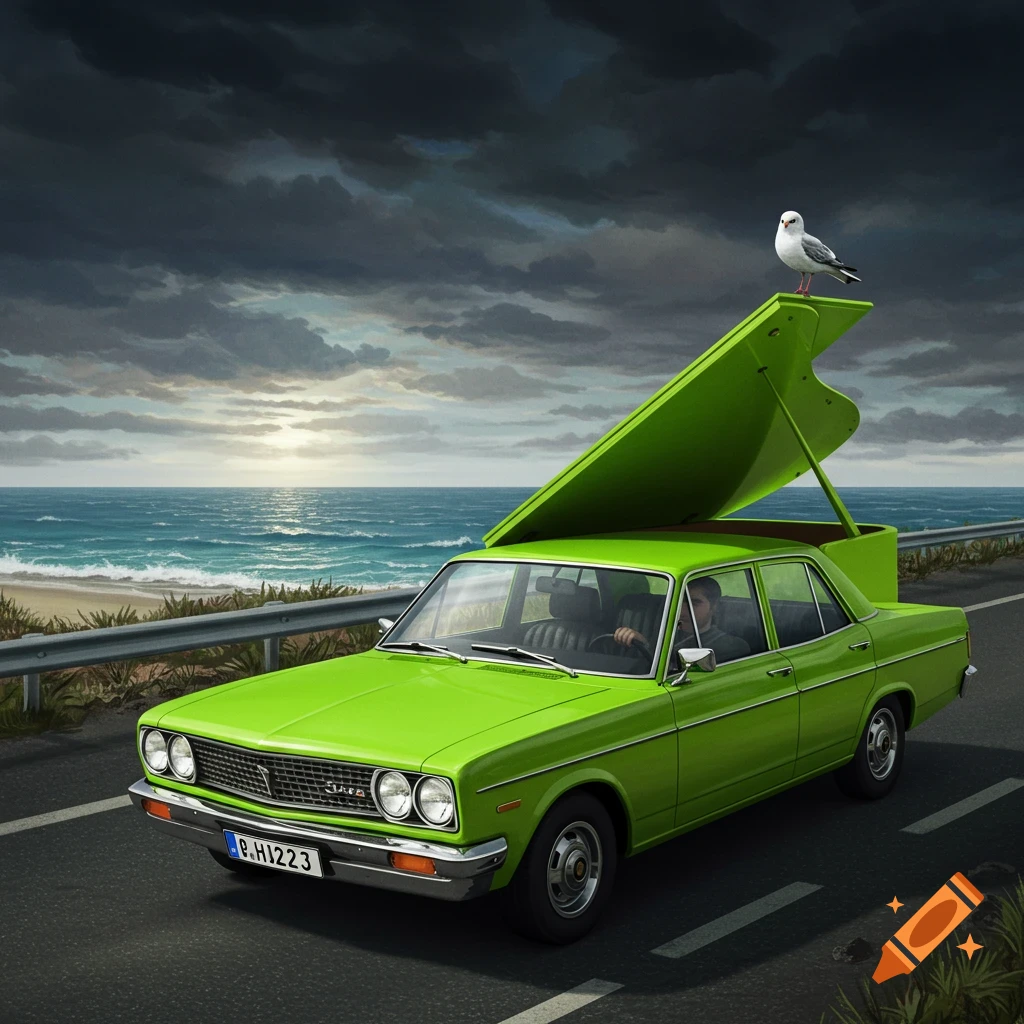 A lime green car with a lime green piano on top drives by the sea as a seagull sits on the piano lid.