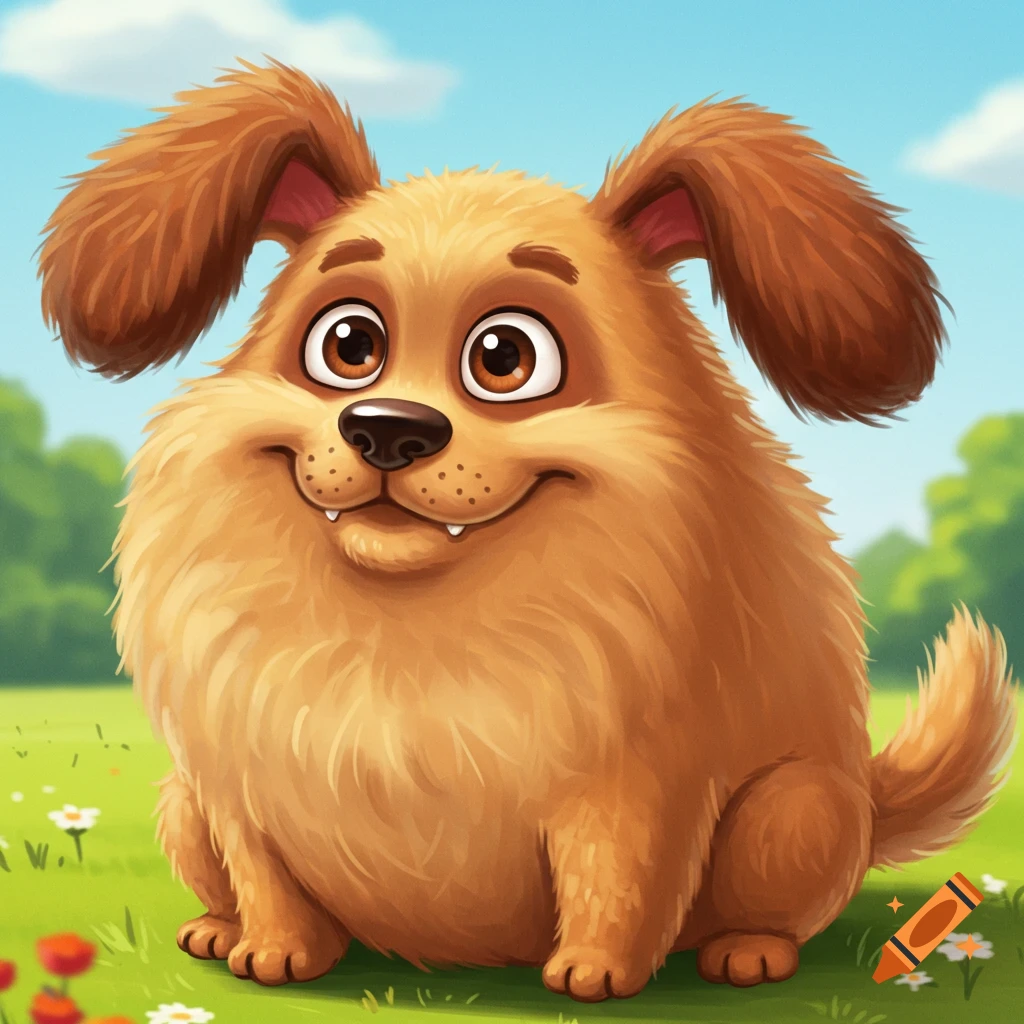 A chubby cartoon dog sits smiling in a grassy field.