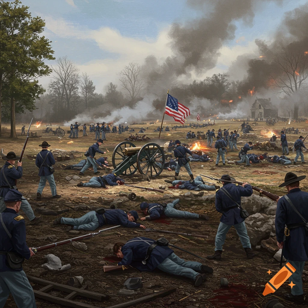 An American Civil War battlefield with soldiers fighting and fallen.