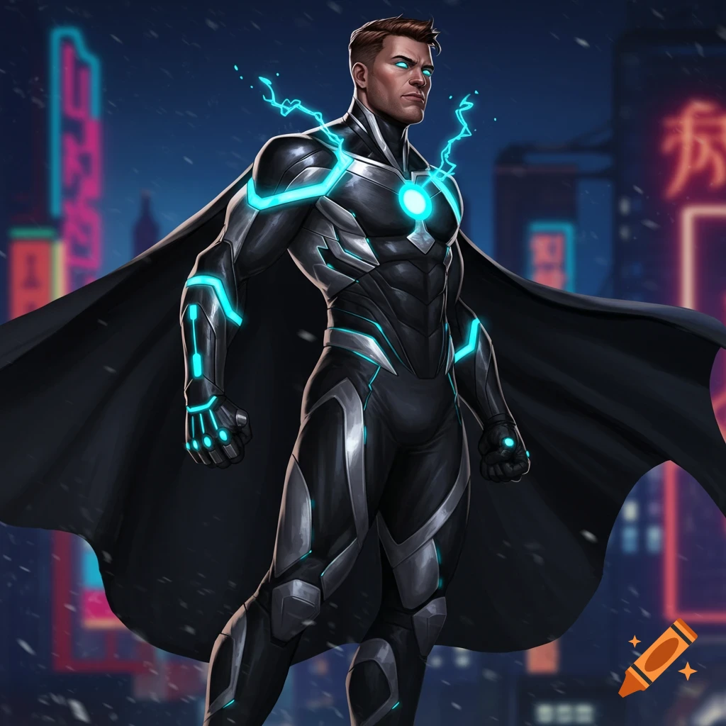 A superhero in a black suit with blue energy accents and a cape, standing in a futuristic city at night.