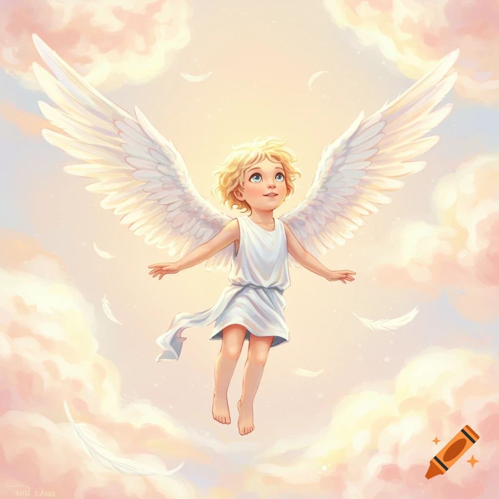 A young angel with white wings floating among clouds.