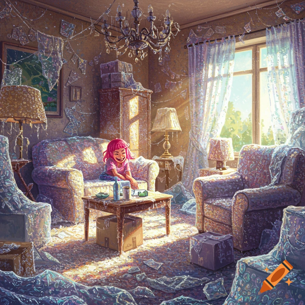 A girl sitting in a cluttered living room covering everything in bubble wrap.