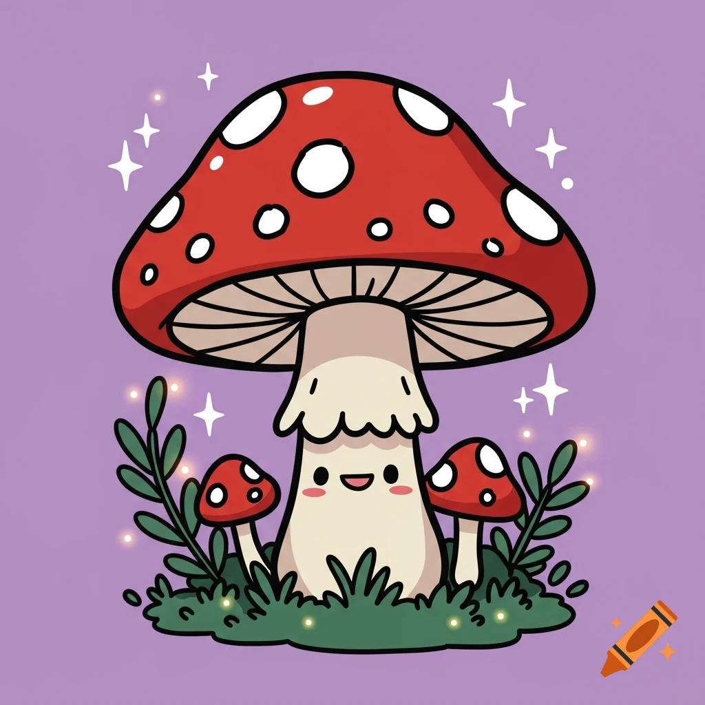 A cute cartoon mushroom with a smiling face and glowing sparkles surrounded by plants.