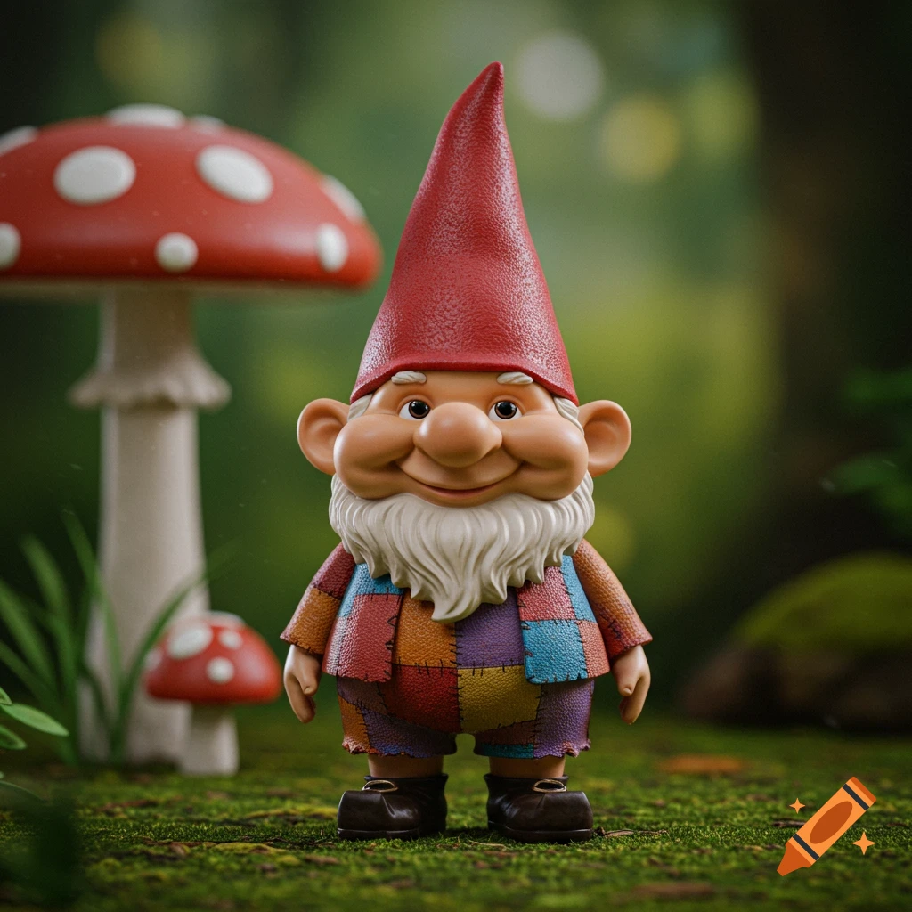 A cheerful gnome with a red hat stands in a forest clearing beside red and white mushrooms.