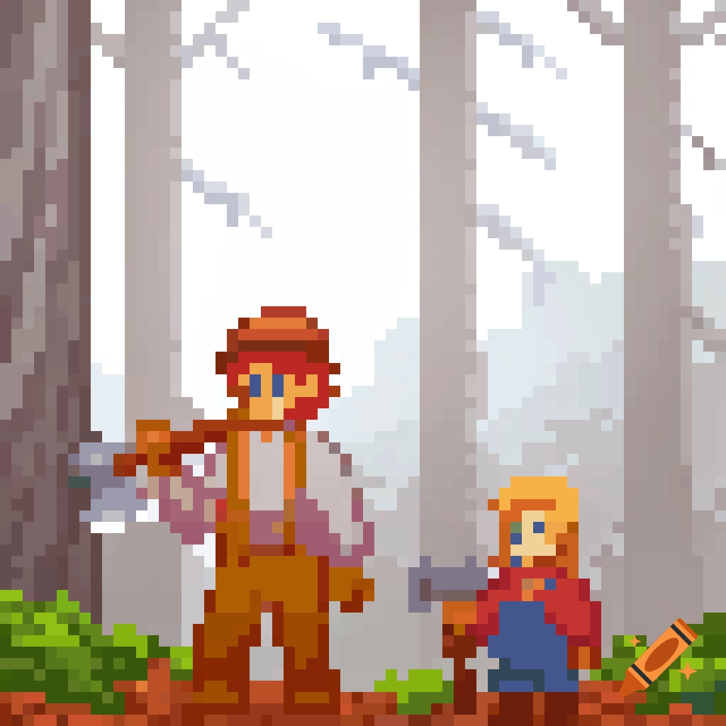 Pixel art of two people with axes in a forest.