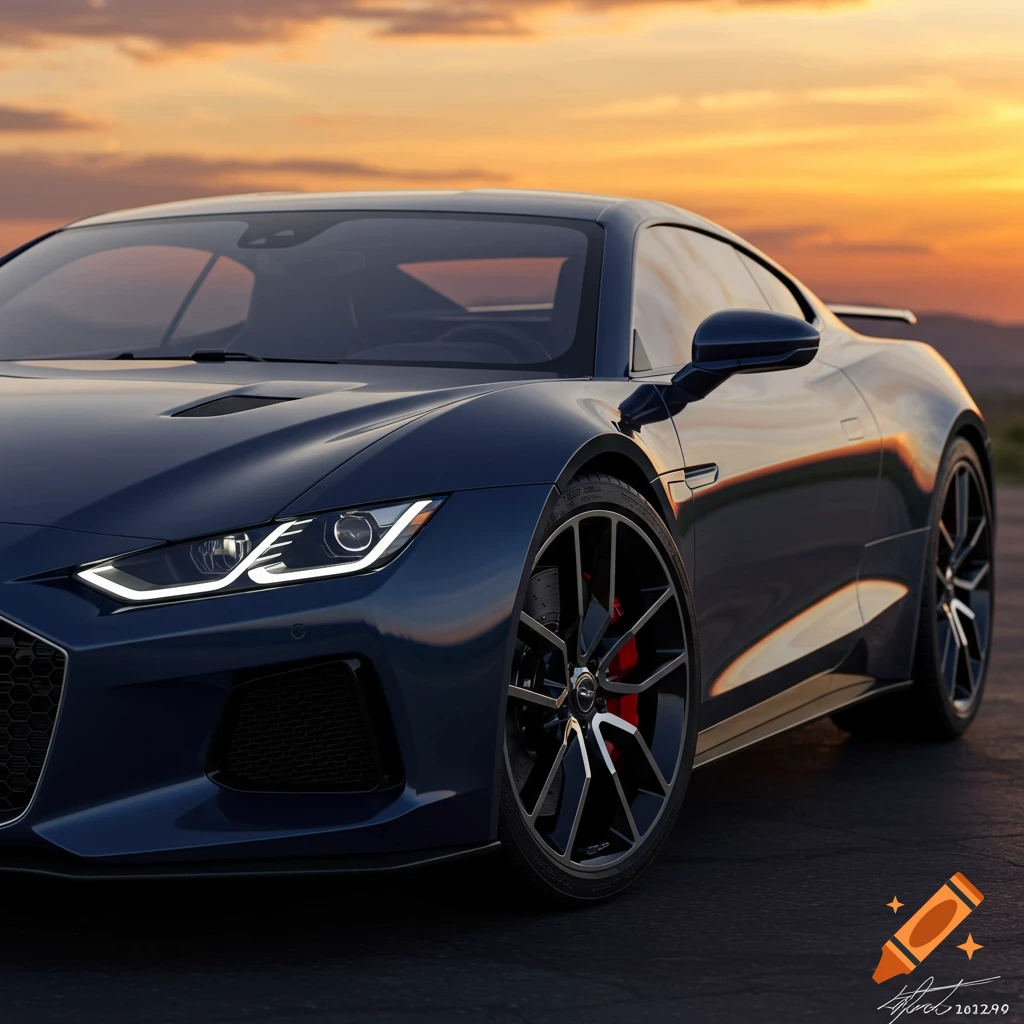 Dark blue sports car against a sunset sky
