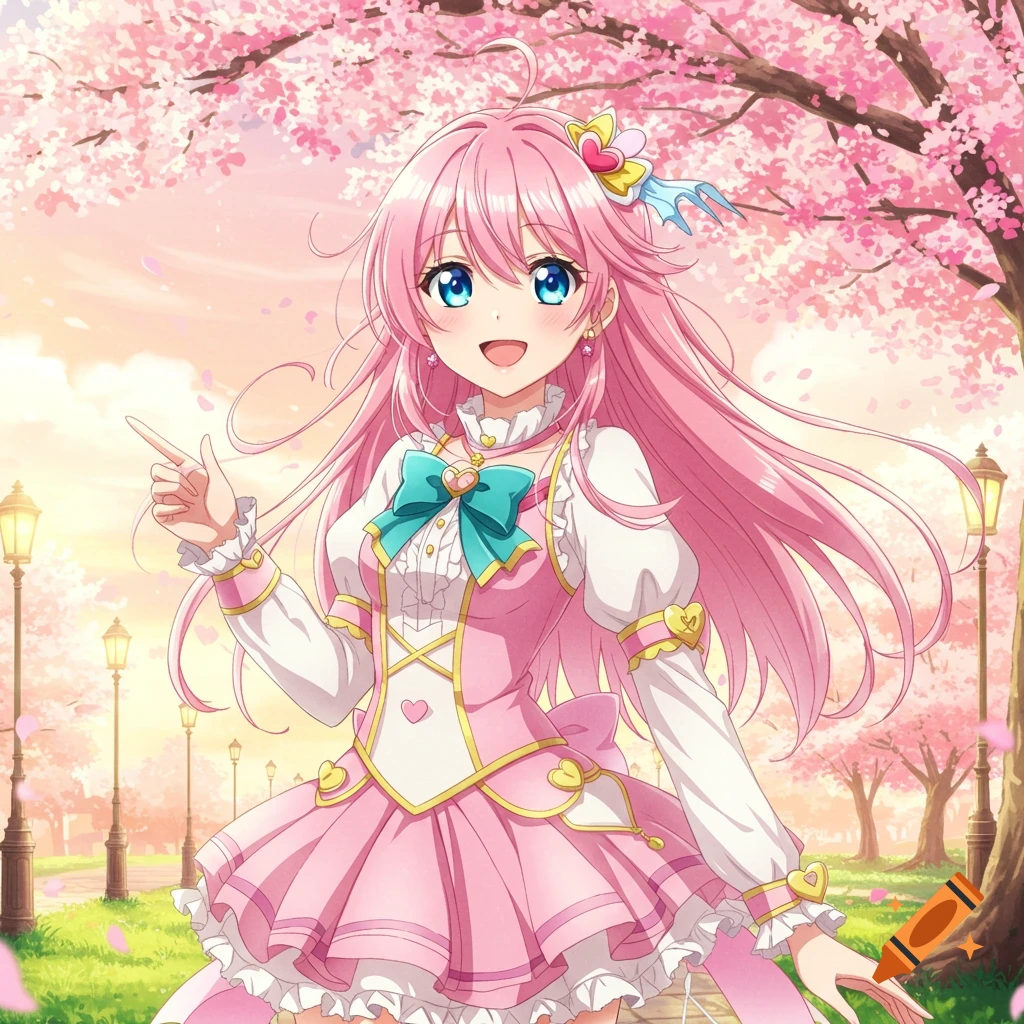 Anime girl with pink hair in a pink dress pointing under cherry blossoms in a park.