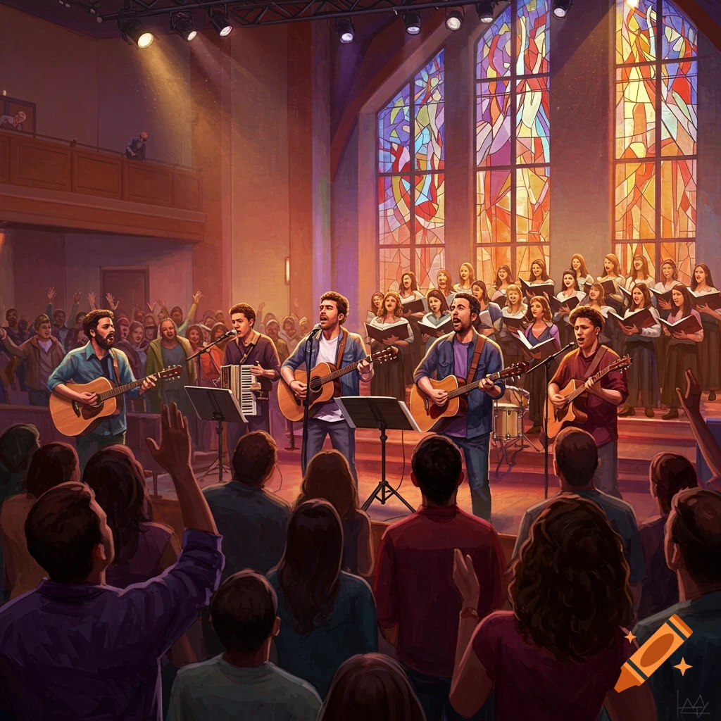 A joyous contemporary church service with a band and choir performing