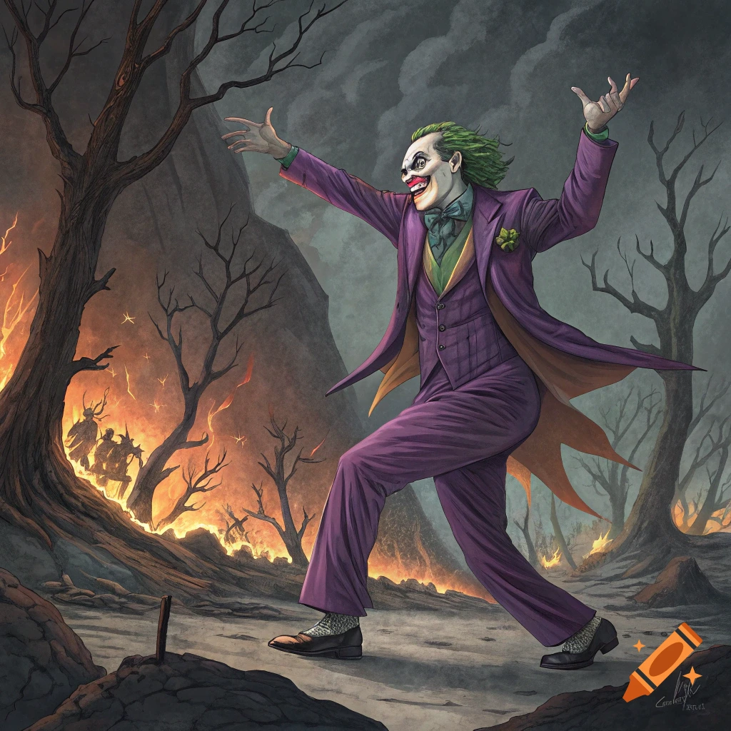 Joker character dancing in front of a fiery, desolate landscape in comic art style.