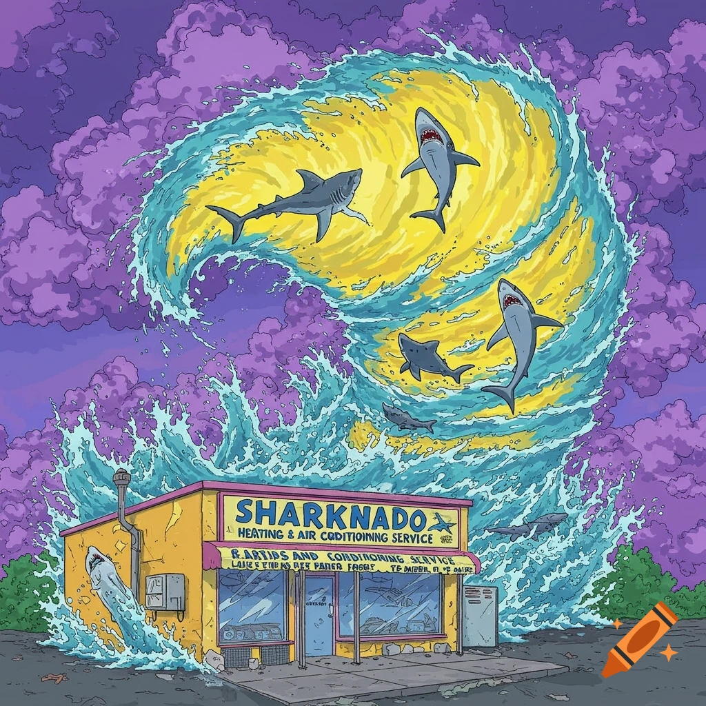 Cartoon of sharks flying out of a wave/tornado attacking a building signed 'Sharknado Heating & Air Conditioning Service'.
