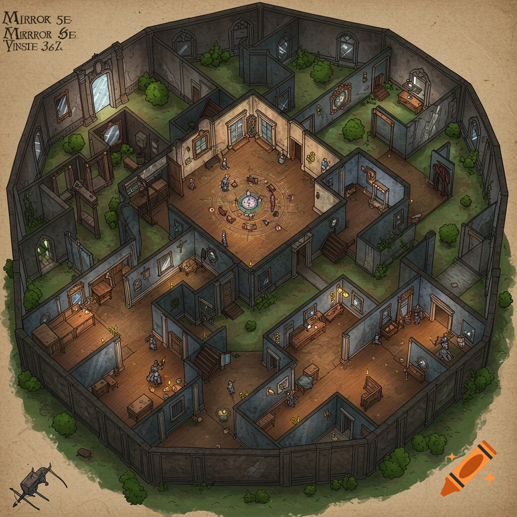 Top-down isometric illustrated fantasy map of a mirror maze dungeon with rooms and small figures.