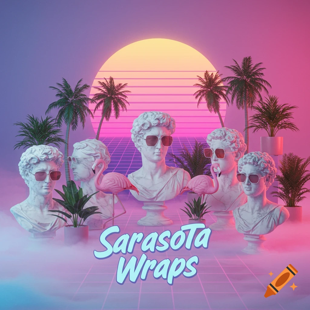 Vaporwave scene with marble busts in sunglasses, flamingos, palm trees, and text Sarasota Wraps