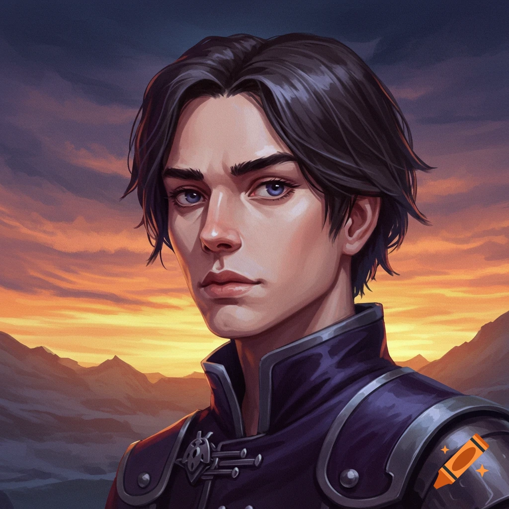 Portrait of a young man in fantasy armor against a sunset landscape.