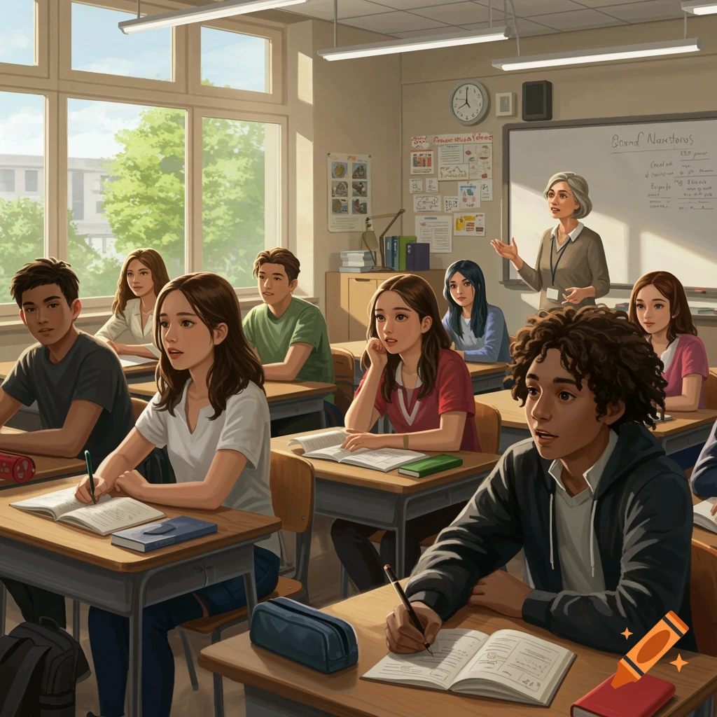 Image of students and a teacher in a brightly lit classroom