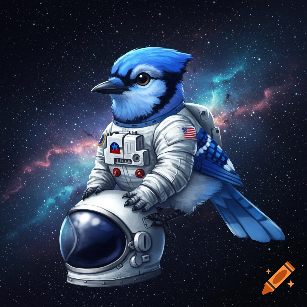 A bluejay wearing an astronaut suit holds a helmet in space.