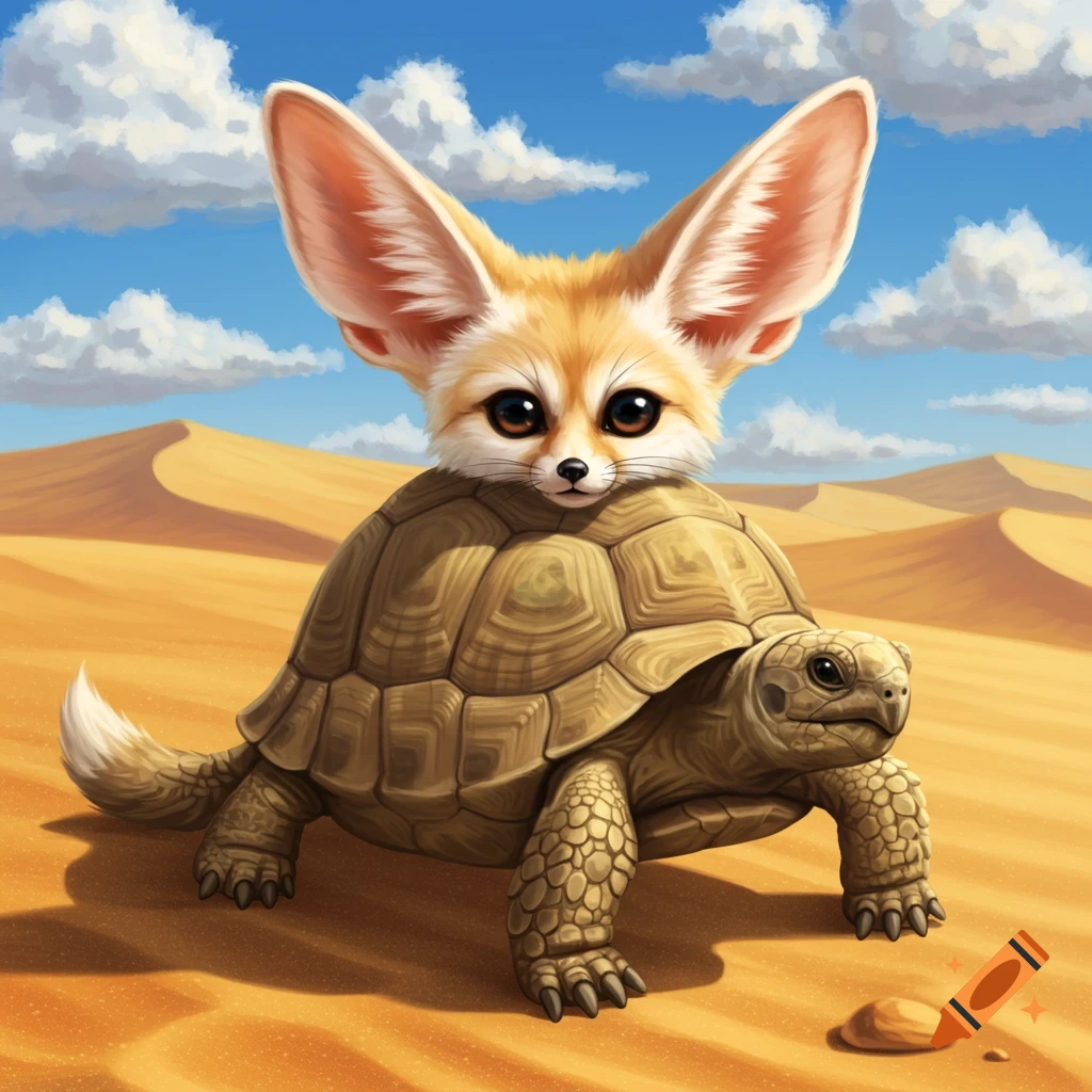 A cute fennec fox riding on a tortoise in a desert landscape.