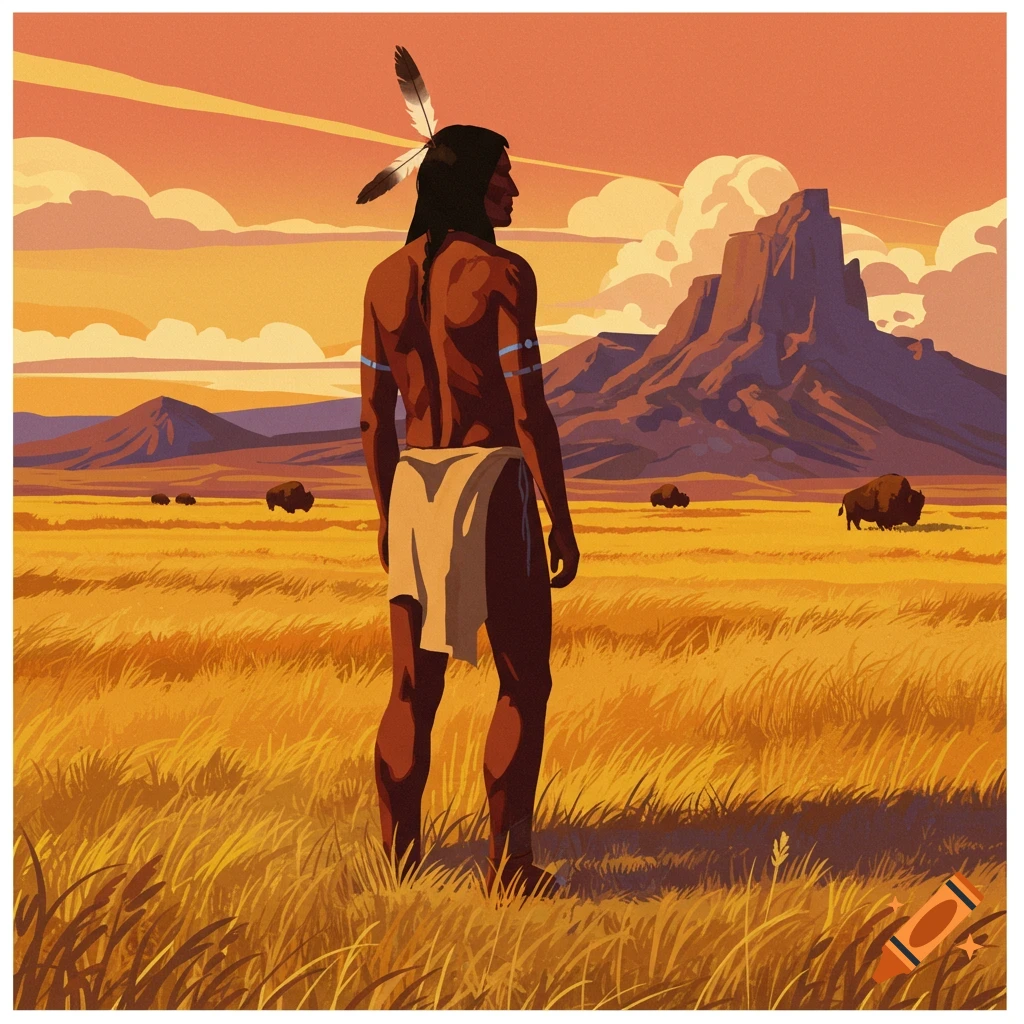 A Native American man looks out over a grassy plain with bison and mountains at sunset.