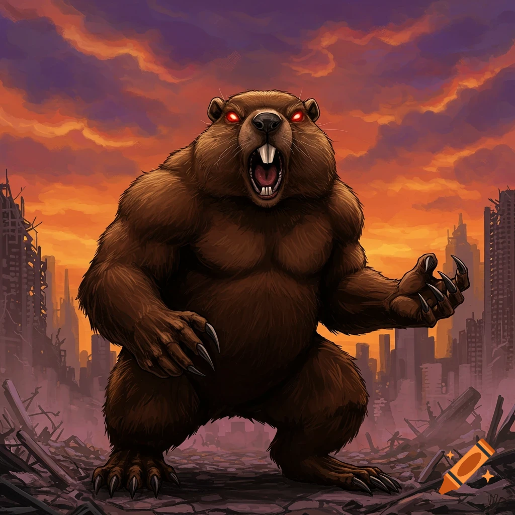 A muscular groundhog with red eyes stands in a ruined city under an orange sky