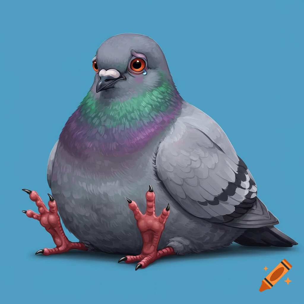 A sad cartoon pigeon sitting with giant feet against a blue background.