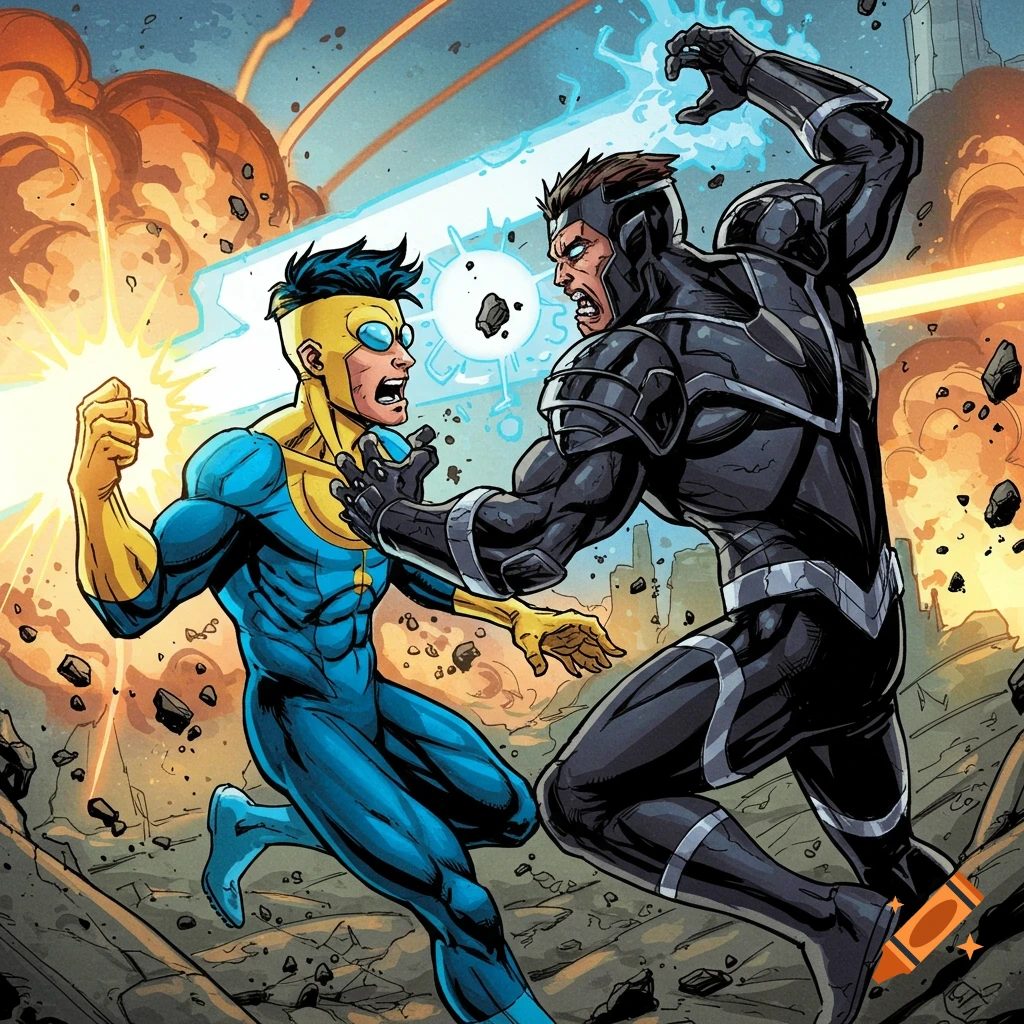 Two comic book characters, Invincible and Conquest, fighting among debris.