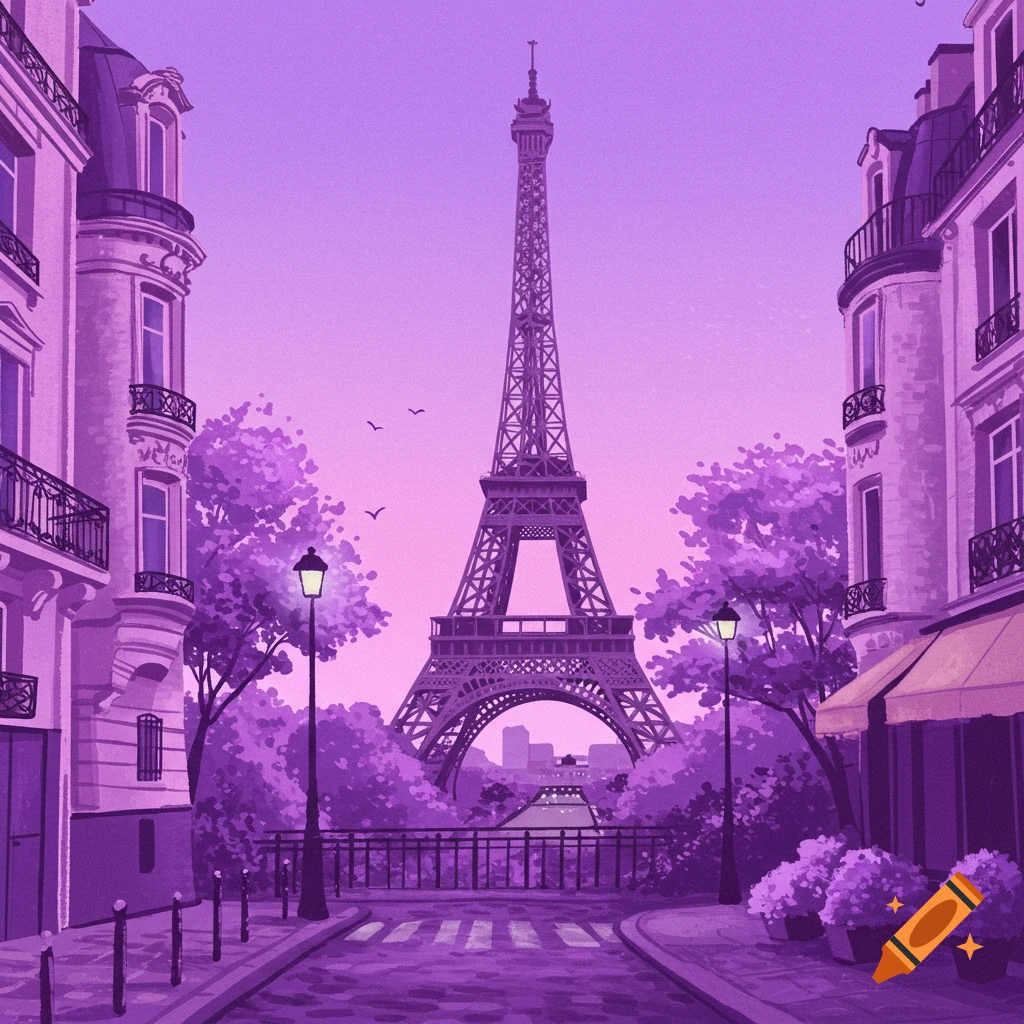 The Eiffel Tower in Paris with purple trees and sky