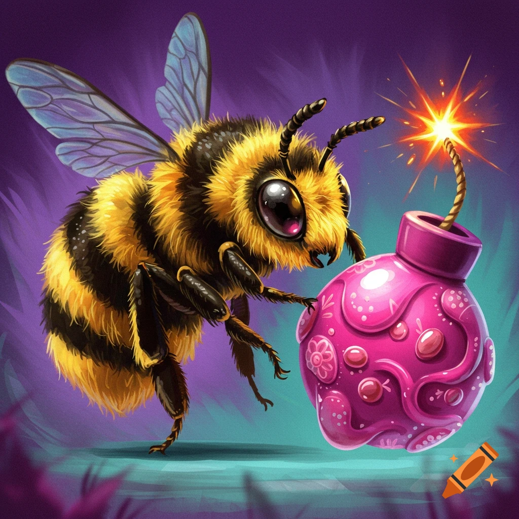 A fluffy cartoon bee examines a bright pink bomb with a lit fuse.