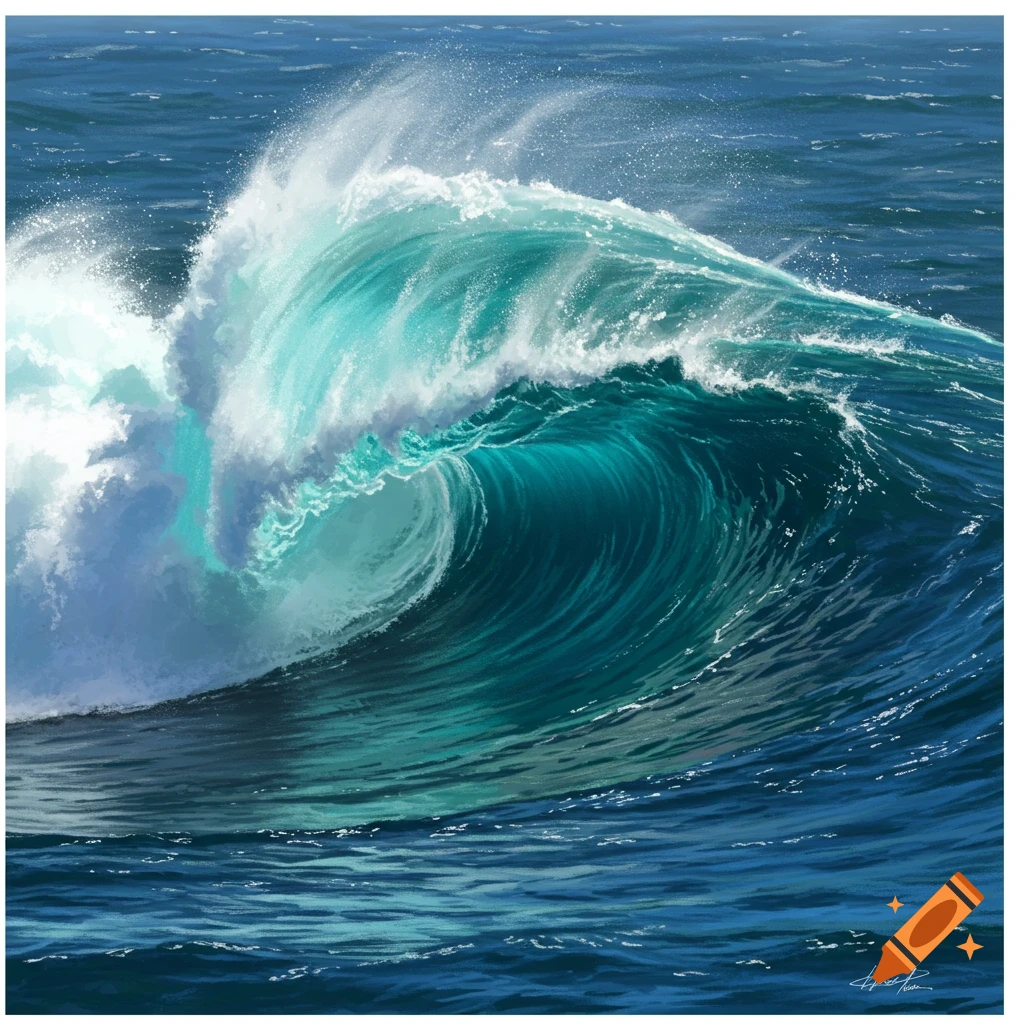 A large turquoise and blue wave curls and sprays white foam in the ocean.