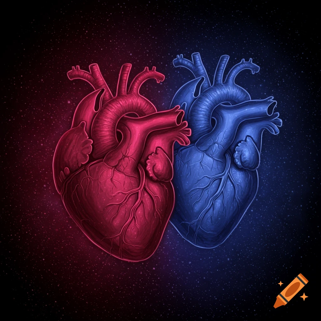 Intertwined red and blue anatomical hearts against a starry background.